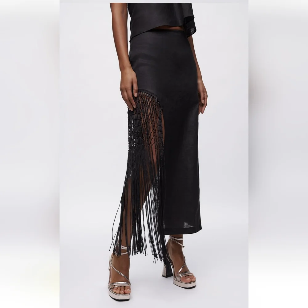 Zara * Fringed Linen Midi Skirt Black Size XS and S